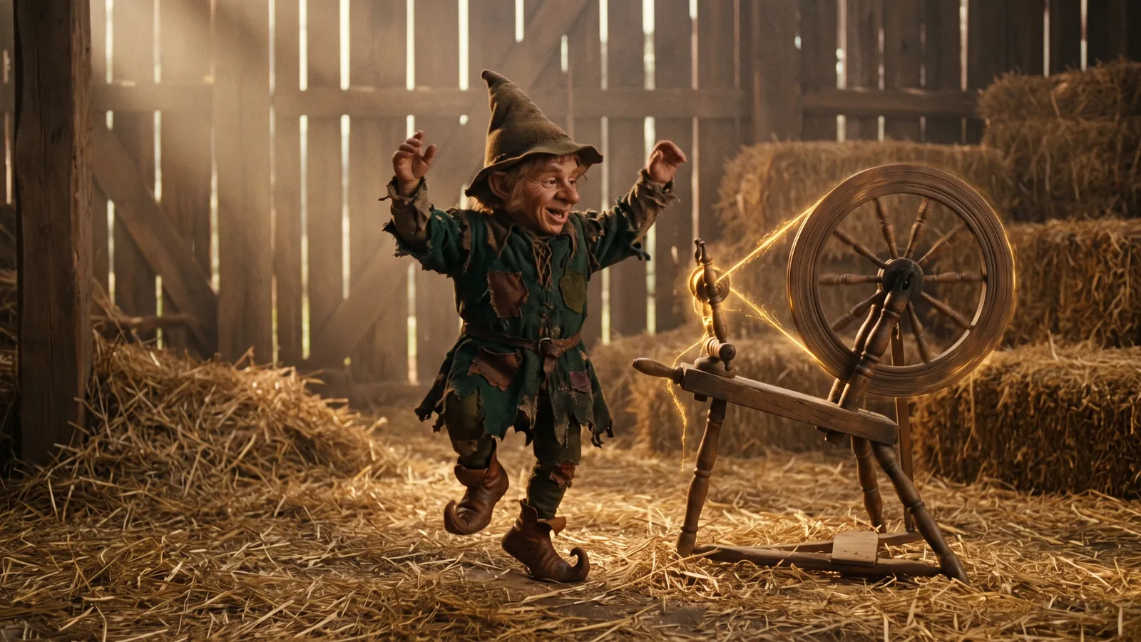 A fairy-tale imp tiptoe dancing in a straw barn beside a glowing spinning wheel