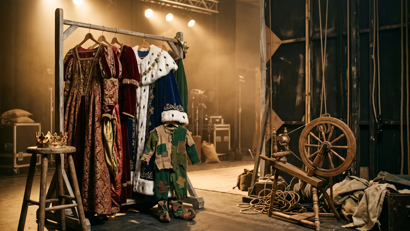 Fairy-tale costumes on a rack backstage