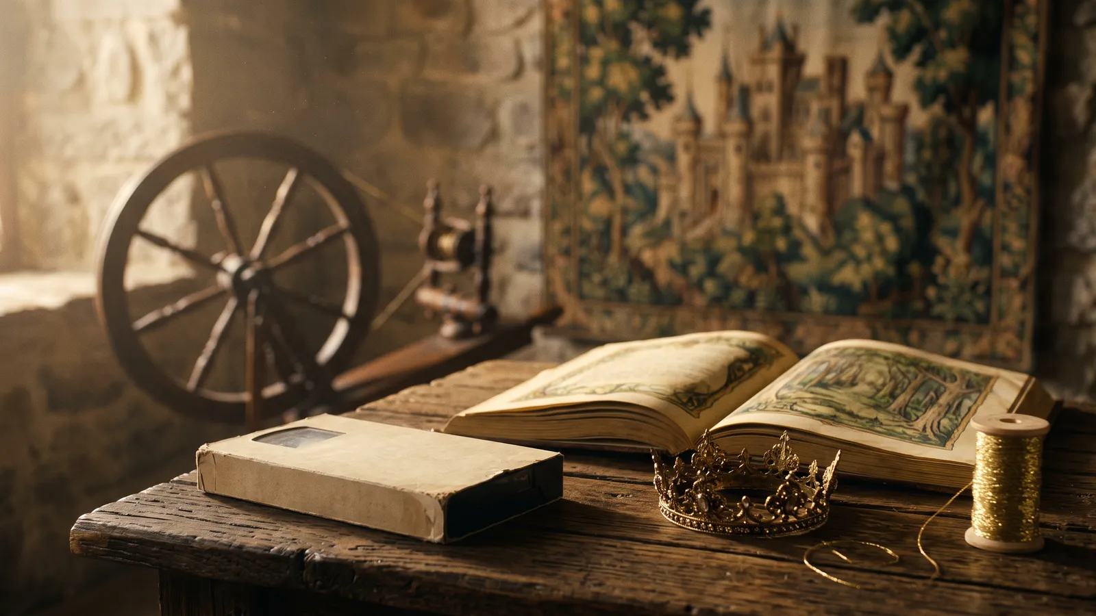 A blank vintage video cassette beside a fairy-tale book, crown and gold thread (AI-generated illustration)
