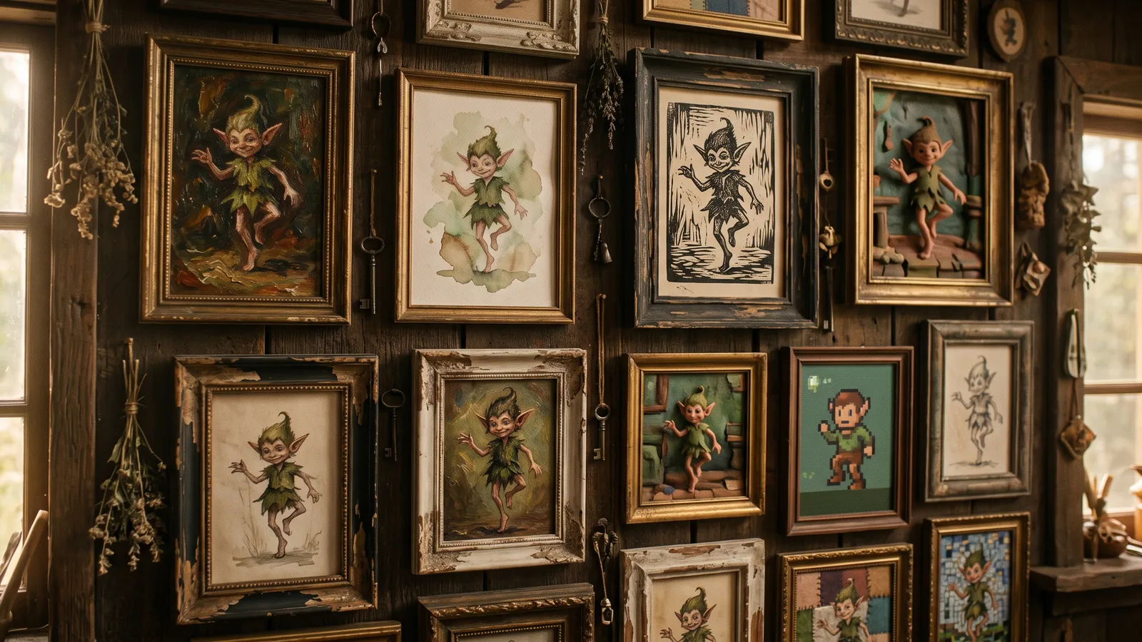 A wall of framed paintings of a fairy-tale imp in different art styles (AI-generated illustration)
