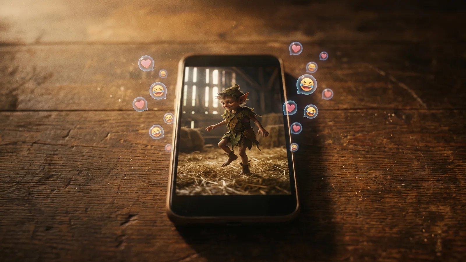 A phone showing a fairy-tale imp tiptoe dancing, surrounded by emoji reactions (AI-generated illustration)