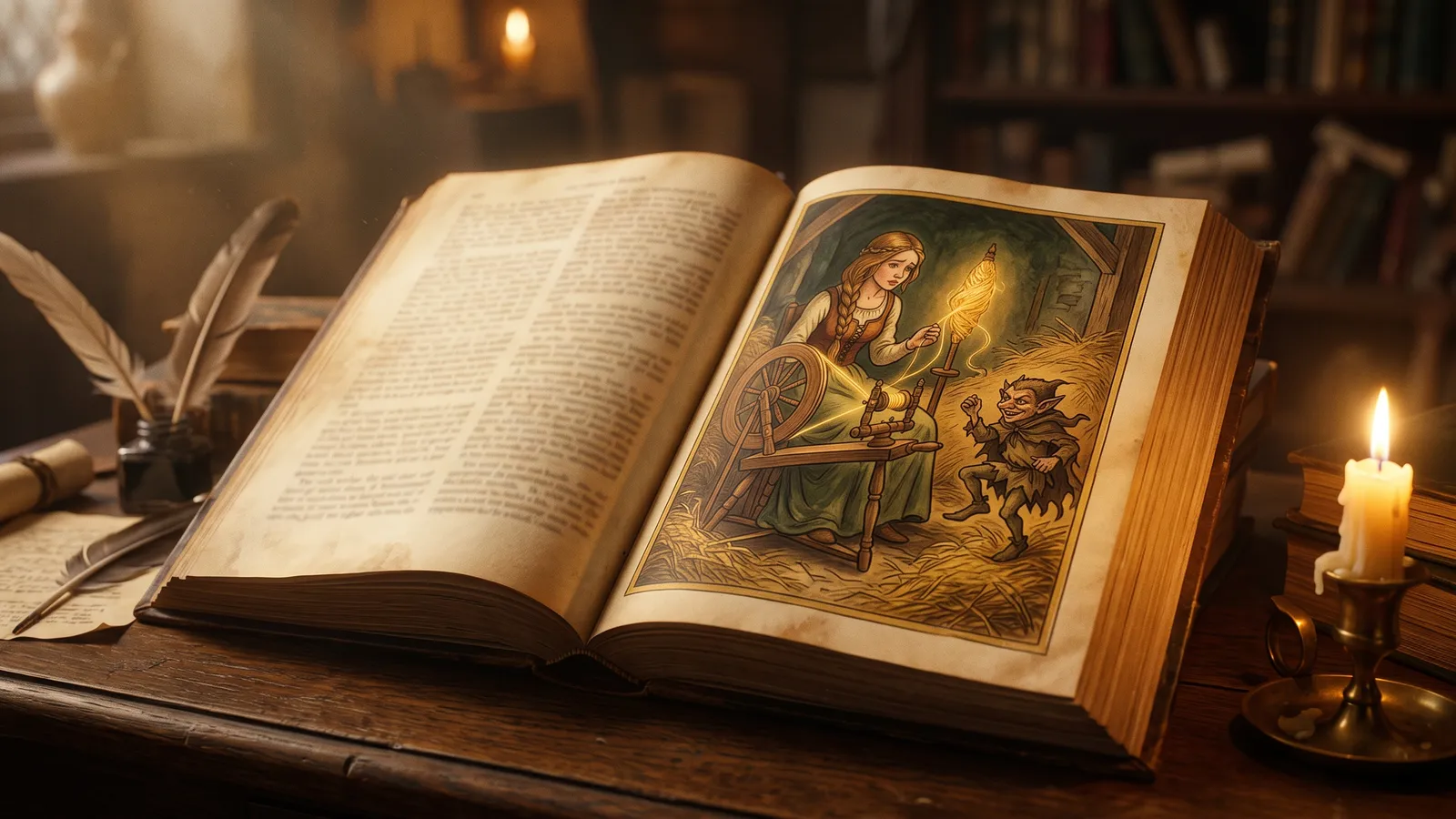 A storybook plate of the miller’s daughter spinning straw into gold