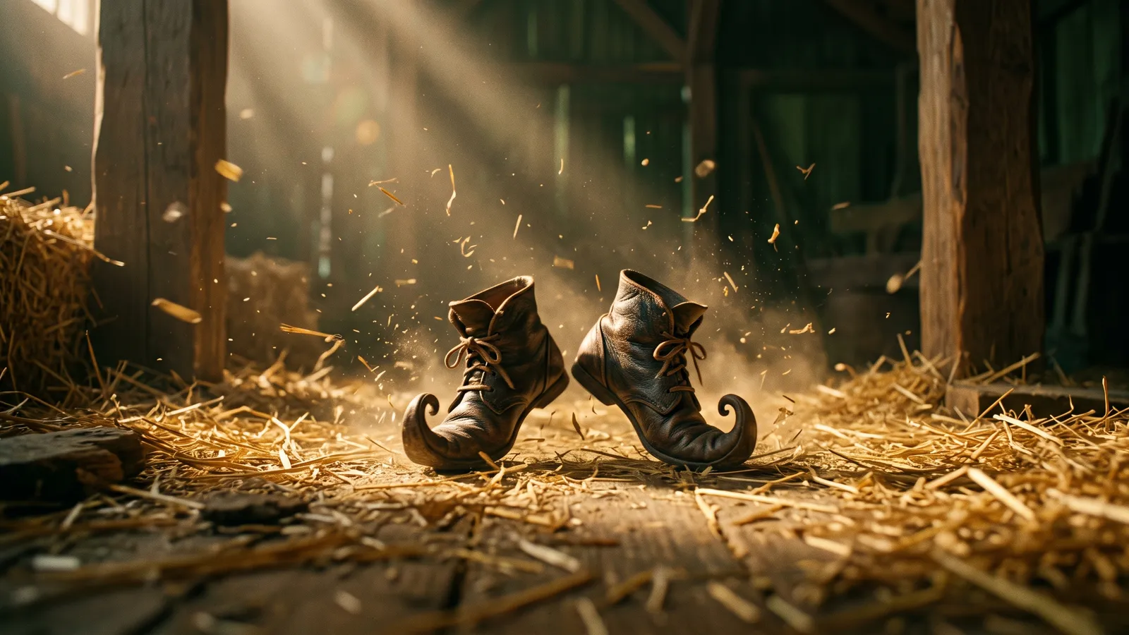 Close-up of curled pointed boots tiptoeing on straw