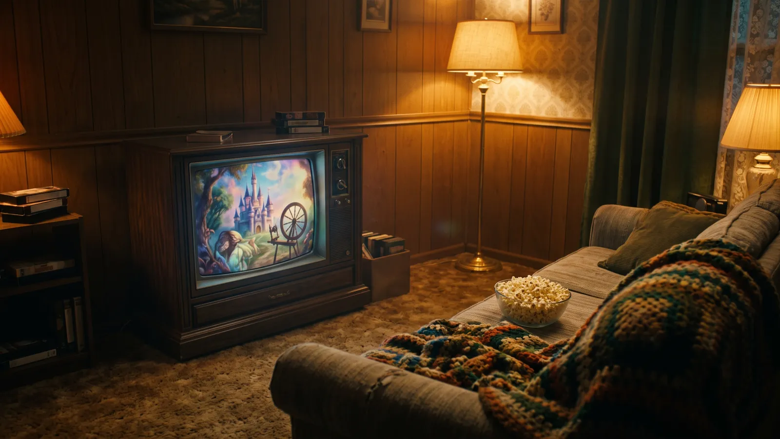 A vintage television glowing with a fairy-tale castle scene in a cozy living room (AI-generated illustration)